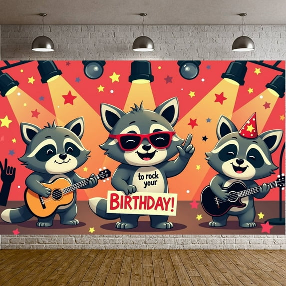 Cartoon Raccoon Banner Animal Theme Birthday Banner Colorful Design Cute Raccoon Party Banner for Kids Birthday Party Animal Theme Party Indoor Decoration