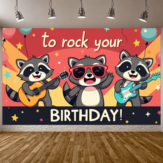 Cartoon Raccoon Design Raccoon Birthday Banner Rock Music Style Rock Party Banner Colorful Pattern Guitar Music Theme Banner for Kids Birthday Party Rock Music Party Animal Theme Party
