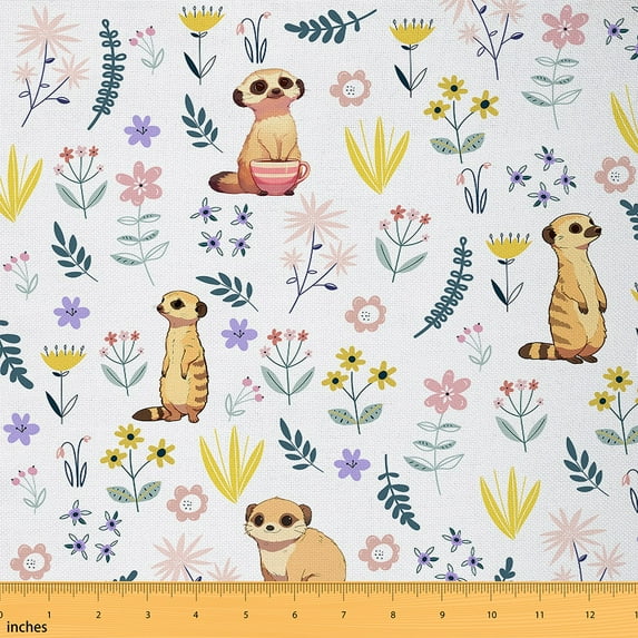Cartoon Raccoon Fabric By the Yard,Kawaii Raccoon Upholstery Fabric,Wild Safari Animal Print Decorative Fabric,Floral Watercolor Indoor Outdoor Fabric,DIY Art,Brown Pink White,3 Yards