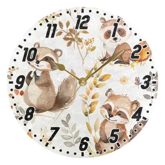 Cartoon Raccoon Fox Round Wall Clock Battery Operated Silent Non-Ticking Bedroom Office Kitchen Home School Decor 10"(Gold)