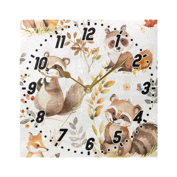 Cartoon Raccoon Fox Wall Clock Battery Operated Silent Non-Ticking Bedroom Office Kitchen Home School Decor 7.8"(Gold)