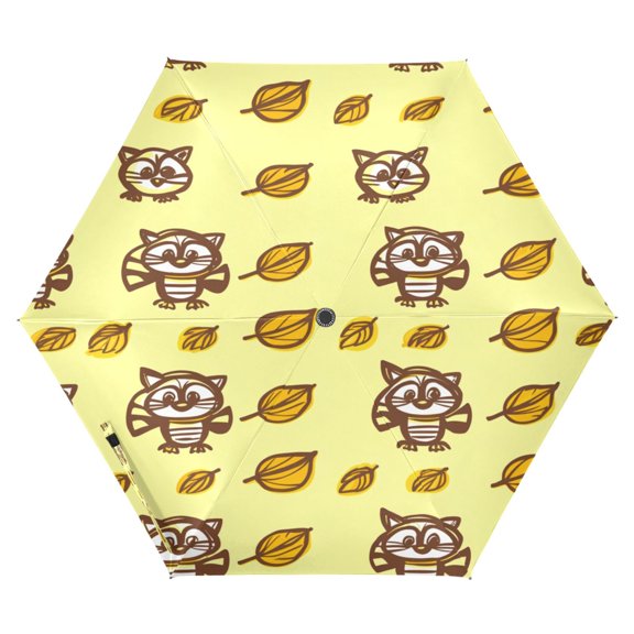 Cartoon Raccoons with Leaves Folding Umbrella UV50+ Waterproof Sun Protection Auto Open Close Compact Fiberglass Frame
