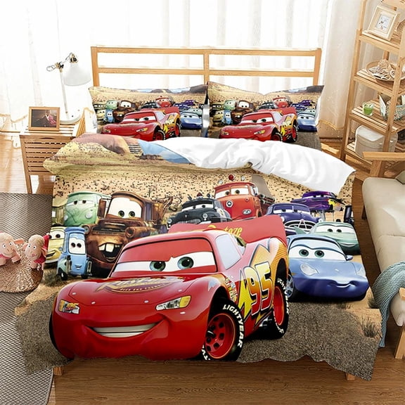 Cartoon Racing Car Kids Duvet Cover Set, 3 Pieces Boys Bedding Set, 1 Duvet Cover 2 Pillowcases, Soft Bedroom Decor Bedding for Kids