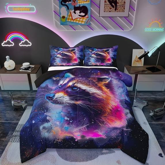 Cartoon Racoon Full Bedding Sets Watercolor Animal Comforter Set , Psychedelic Galaxy Stars Down Comforter Rainbow Graffiti Bedding Comforter Sets, Trippy Nebula Cosmos Duvet Insert