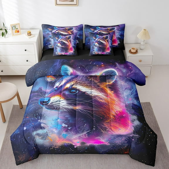 Cartoon Racoon Twin Comforter Set 7-Piece Watercolor Animal Bedding Comforter Sets Psychedelic Galaxy Stars Bed in a Bag Rainbow Graffiti Bedding Set Trippy Nebula Cosmos Bed Sheets Set
