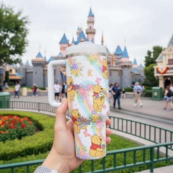 Cartoon Rainbow Bear Pooh 40oz Tumbler with Handle, Stainless Steel — free download