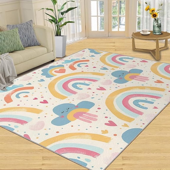 Cartoon Rainbow Cloud Area Rug, Rainbow Hearts Pattern Rugs for Bedroom Boho Rugs for Nursery Room, Indoor Non-Slip Kids Rug for Front Entrance Floor Decor 5 x 8ft