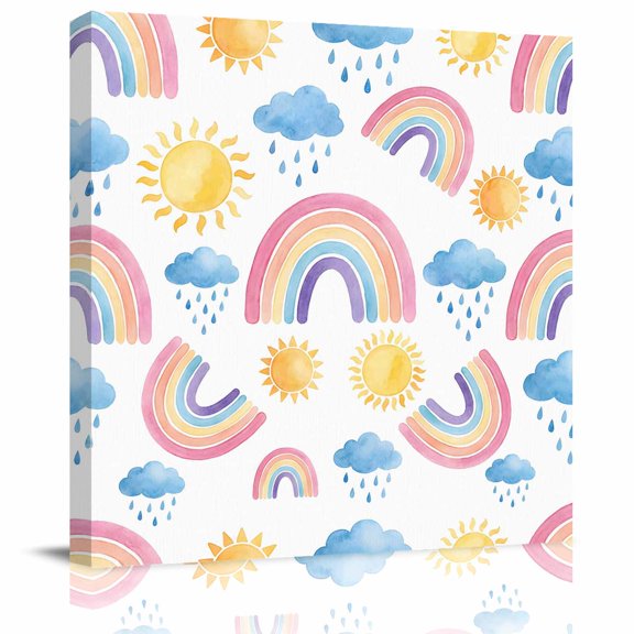 Cartoon Rainbow Cloud Sun Canvas Artwork Painting Art, Modern Abstract Style Square Framed Wall Decorations Prints Picture for Bedroom Kitchen Living Room, 8x8 in