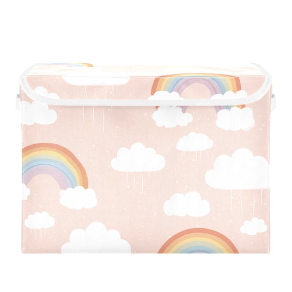 Cartoon Rainbow Clouds Pastel Background Foldable Storage Bins with Lids Handles Collapsible Storage Containers Tote Boxes 16.5 x 12.6 x 11.8 inches