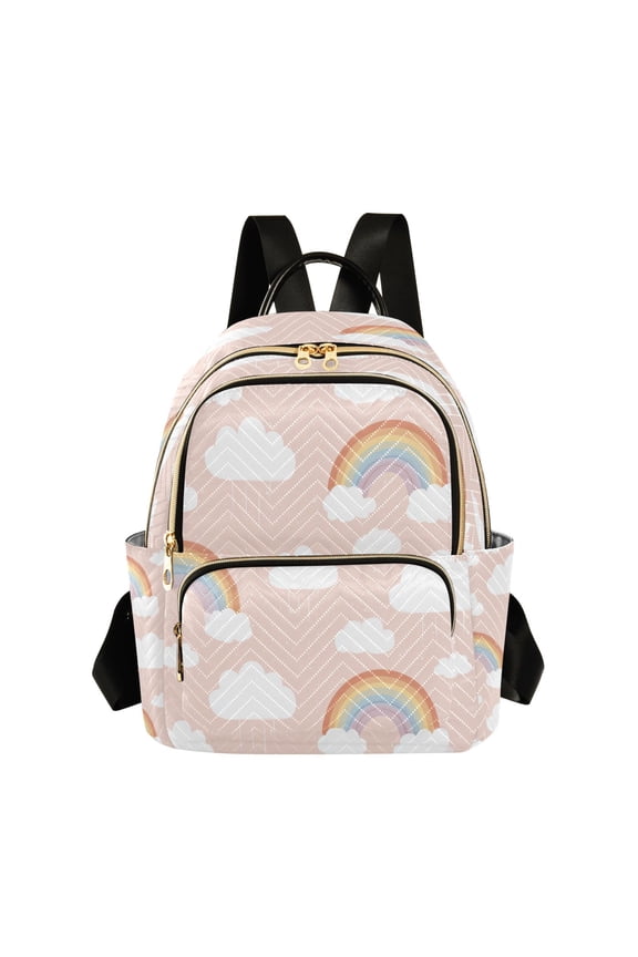 Cartoon Rainbow Clouds Pastel Background Quilted Backpack Fashion Daypack Commuter Bag for Women 8.5 L