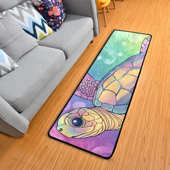 Cartoon Rainbow Colored Sea Turtle Long Floor Mat Runner Rug Area Mat Noise Reduction Water Absorbent Non-Slip 72" x 24"