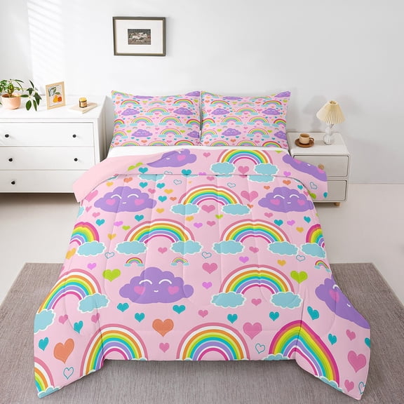 Cartoon Rainbow Comforter Set Queen Size,Kawaii Clouds Love Heart Romantic Bedding Set, Women Room Decor,Princess Dreamy Down Comforter,Pink Duvet Insert,2 Pillowcases