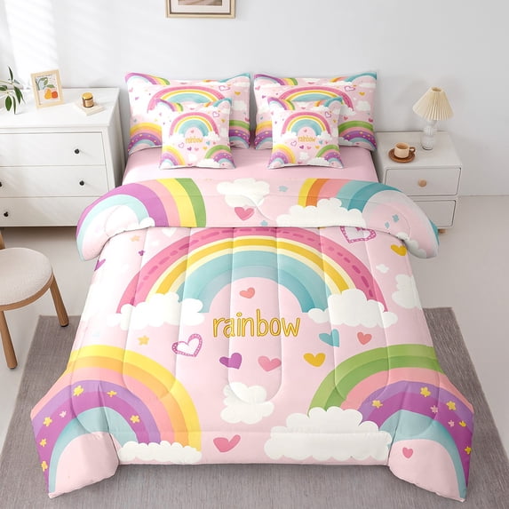Cartoon Rainbow Full Comforter Set Woman Kawaii Cloud Pattern Bedding Set Girly Pink Iridescent Hand Drawn Bed In A Bag,Abstract Stripe Love Heart Bedding Comforter Sets