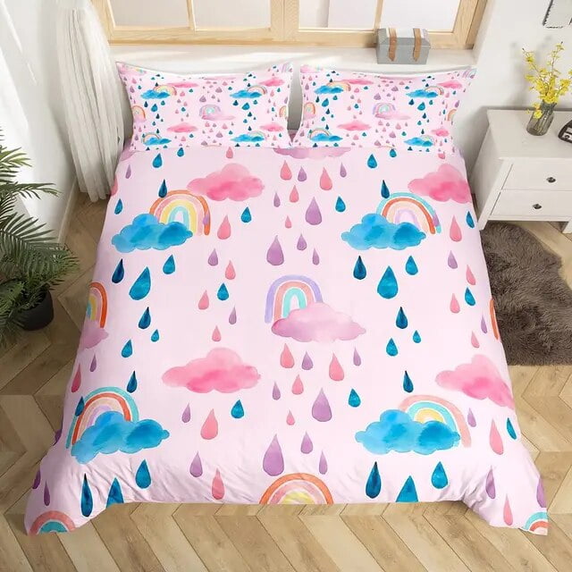 Cartoon Rainbow King Queen Duvet Cover Kids Girls Colorful Clouds ...