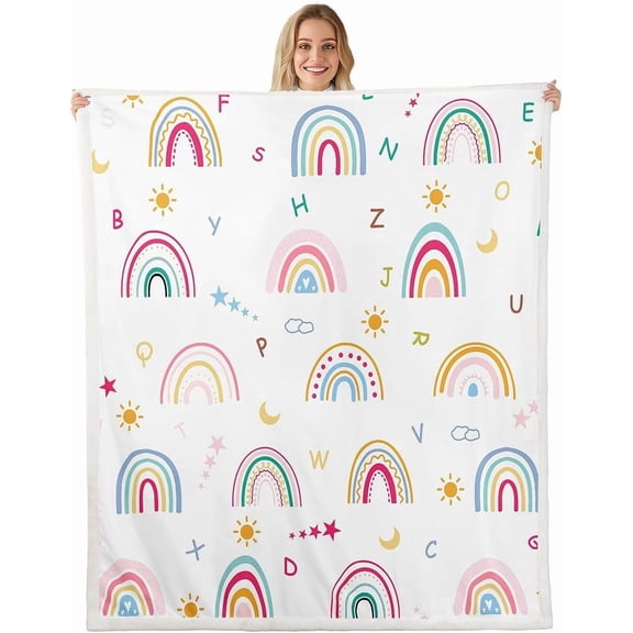 Cartoon Rainbow Letters Fleece Throw ABC Alphabet Sherpa for Kids Women Men Plush Fuzzy Cute Rainbow Throw Educational for Bed Couch Chair Living Room Bedroom Decor 60" x 80"
