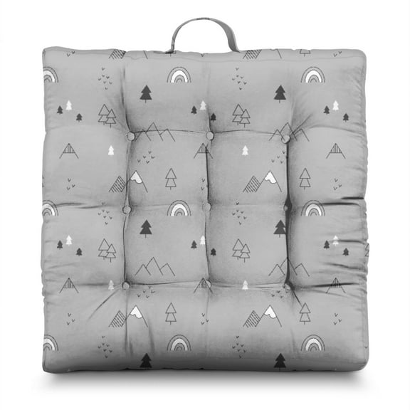 Cartoon Rainbow Planets & Rocket Design Oversized Floor Cushion - 9-Point Stitched Thick Meditation Pillow - Fun & Cute Zabuton Style Seat for Home Decor