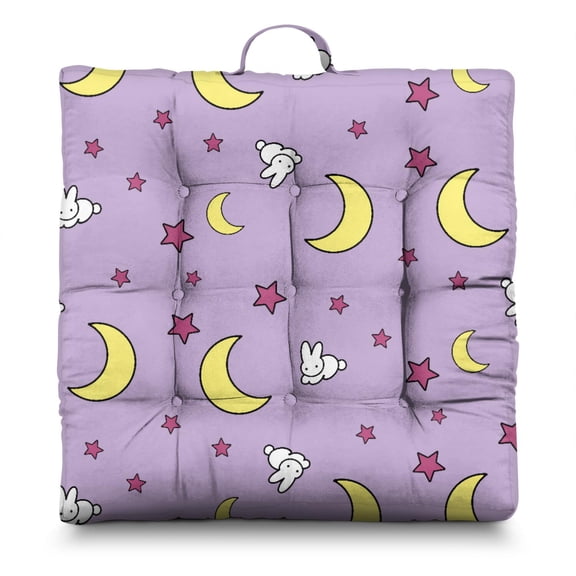 Cartoon Rainbow Planets & Rocket Design Oversized Floor Cushion - 9-Point Stitched Thick Meditation Pillow - Fun & Cute Zabuton Style Seat for Home Decor