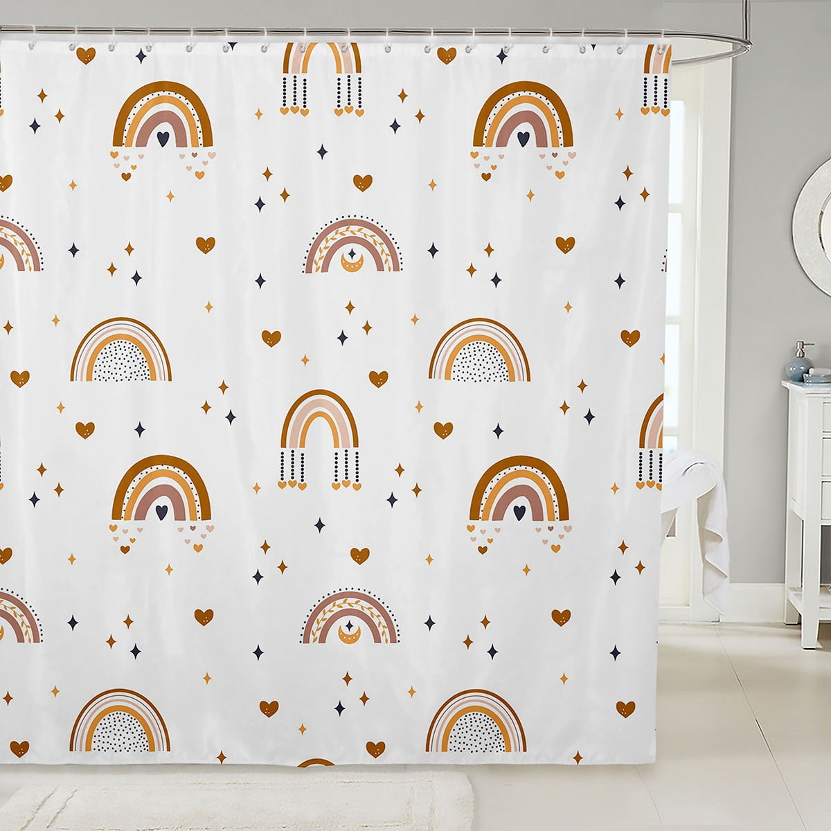 Cartoon Rainbow Shower Curtain Kids Cute Boho Rainbow Print Fabric