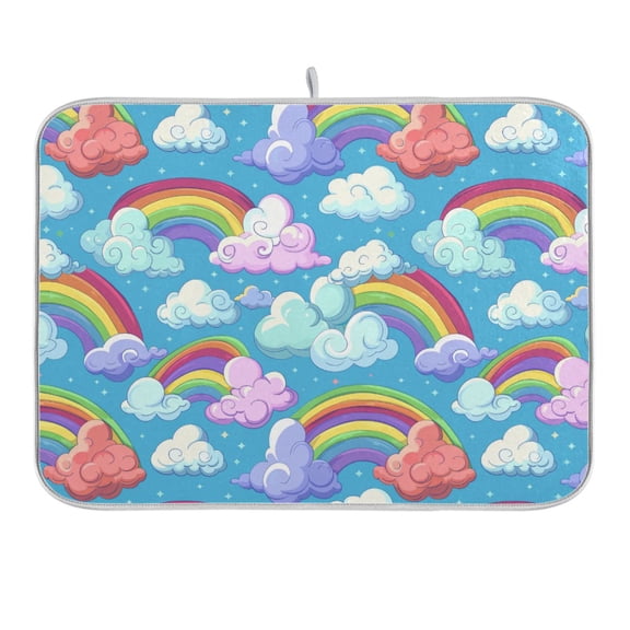 Cartoon Rainbow and Cloud Dish Drying Mat 16x18 Absorbent Microfiber Draining Rack Pad for Kitchen Counter Sink