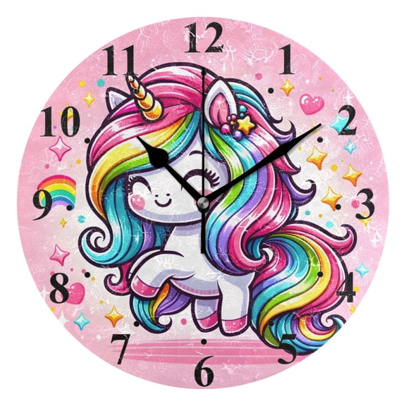 Cartoon Rainbow and Color Unicorn Black 10 inch Wall Clocks Non Ticking Easy to Read Battery Decorative for Home Bathroom Kitchen Bedroom Living Room