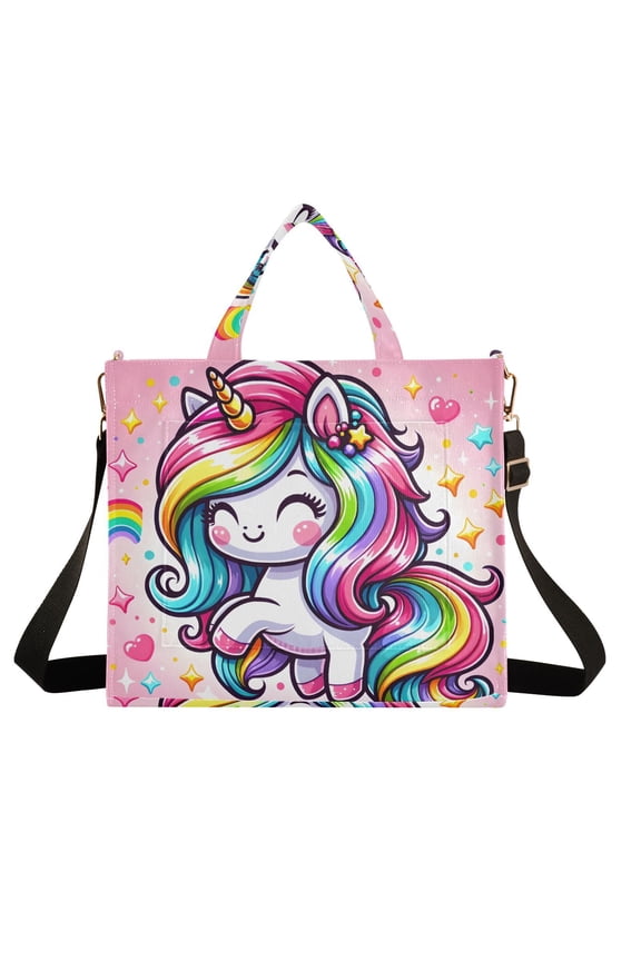 Cartoon Rainbow and Color Unicorn Corduroy Tote Bag Handbag Large Messenger Bag Shoulder Crossbody Zipper Bag Purse
