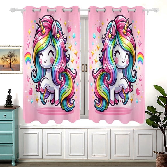 Cartoon Rainbow and Color Unicorn Curtain Black Out Thermal Insulation Curtains Aesthetic 54 Inch Length for Bedroom Living Room 2 panels set