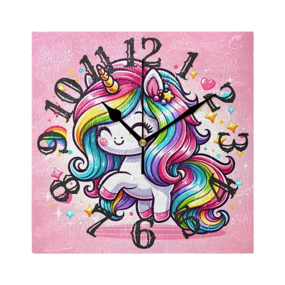 Cartoon Rainbow and Color Unicorn Wall Clock Square Silent Non Ticking Battery Operated Clock for Home Bathroom Kitchen Bedroom Living Room