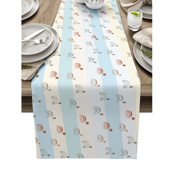 Cartoon Rainbows, Table Runner 48 Inches, Cute Funny Blue Geometric White Stripes Bed Runner Dresser Scarves Tabletop for Indoor Outdoor Parties/Ceremony/Banquet, 13" x 48"