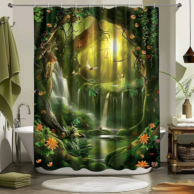 Cartoon Rainforest Fantasy Shower Curtain Set with Trees Moss Flowers ...
