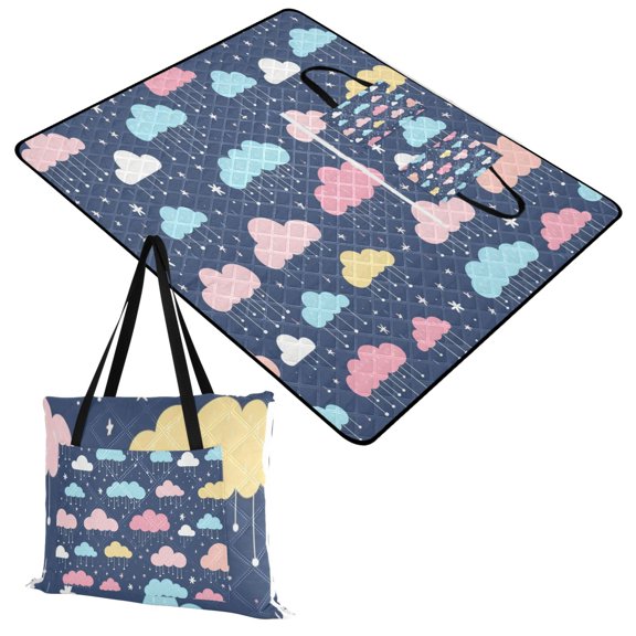 Cartoon Raining Clouds Extra Large Picnic Beach Blanket Waterproof Sand Proof Portable Outdoor Mat 60x80