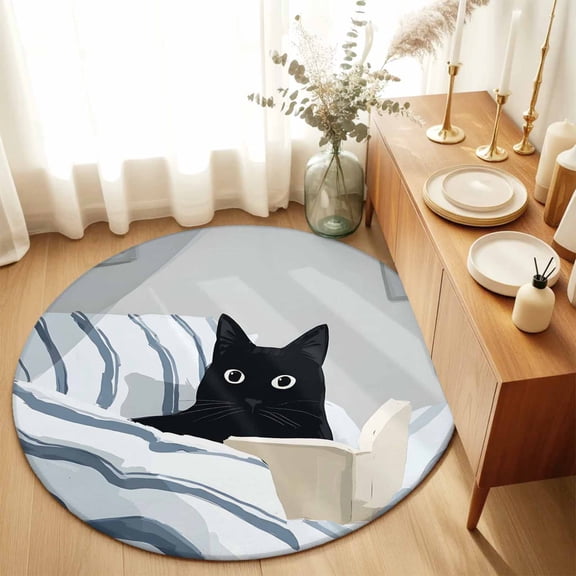 Cartoon Reading Black Cat Round Area Rug 3ft,Living Room Rug Non-Slip Washable Circle Rugs Pad,Kitty in Striped Blanket Soft Floor Carpet for Bedroom Dining Room