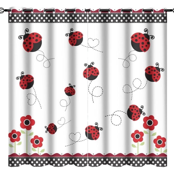 Cartoon Red and Black Plaid Ladybug Blackout Curtains - Cute Forest Animal Theme Dot Decor Grommet Window Drapes Set Energy Saving Thermal Insulated Drapes for Living Room Nursery,2 Panels 84L x 42W