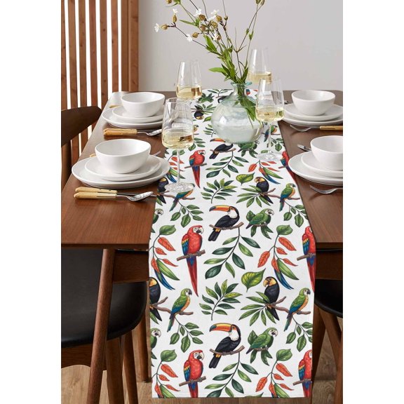 Cartoon Red Green Black Parrots Table Runner 13x72in Non-Slip Cotton Linen Table Runners, Green Leaves Dresser Scarves TableRunner for Dinner Kitchen Dining Wedding Party
