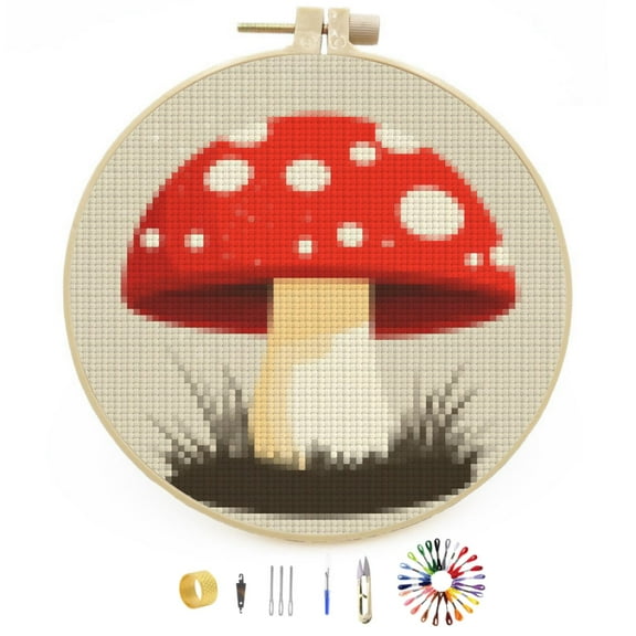 Cartoon Red Mushroom Stamped Cross Stitch Kits for Beginners with Hoop Simple Patterns 11CT Counted Embroidery Needlepoint Crafts Arts for DIY Enthusiasts and Home Decor 26x26cm(3)