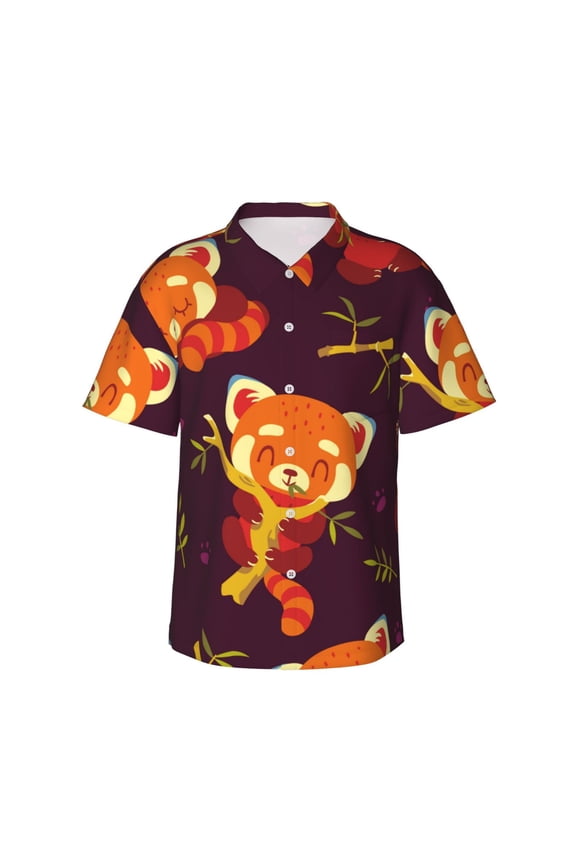 Cartoon Red Panda Men's 3d Print Casual Button Down Shirts, Novelty Hawaiian Short Sleeves Xl
