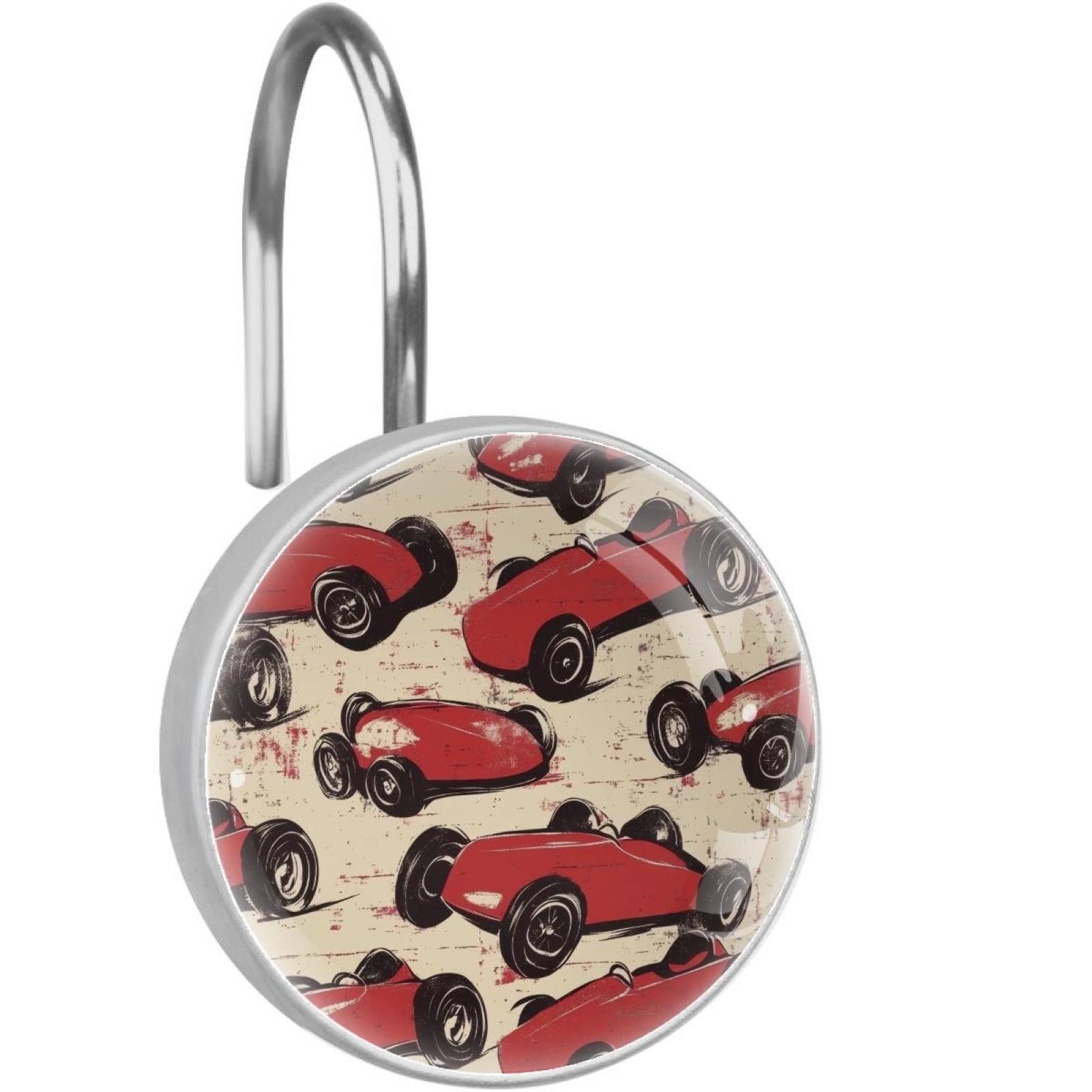 Cartoon Red Racing Cars Shower Curtain Hooks Round Crystal Glass, Set of 12 Shower Curtain Rings - Shower Hooks for Curtain Shower Rings