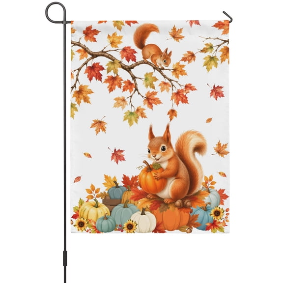 Cartoon Red Squirrel House Flag 28 x 40 Inches, Rustic Orange Green Pumpink Maple Tree Weather Proof Outdoor Patio Flags Double Sided Small House Decoration for Yard Lawn Outside Home