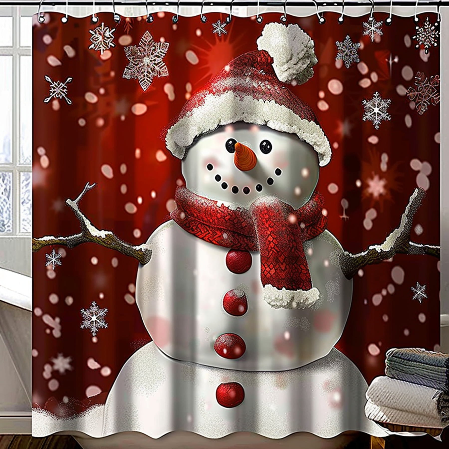 Cartoon Red and White Snowman Bathroom Curtain with Glitter Snowflakes