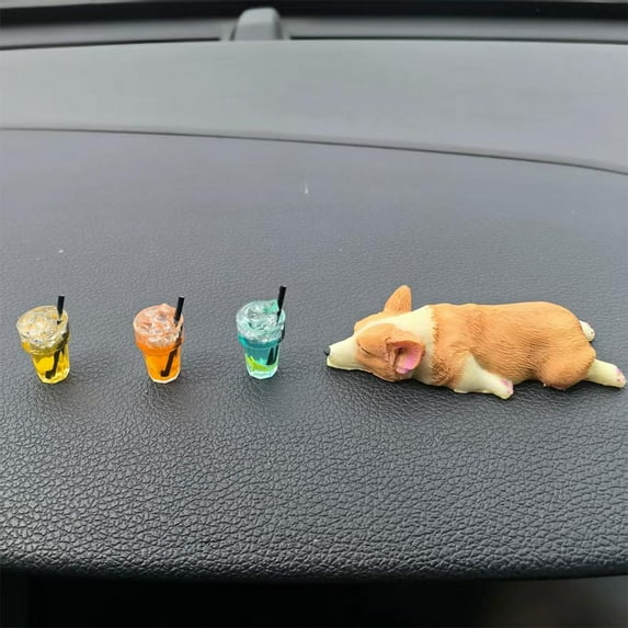 Cartoon Resin Car Ornaments for Decoration with Sleeping Corgi and Lemon Tea Designs