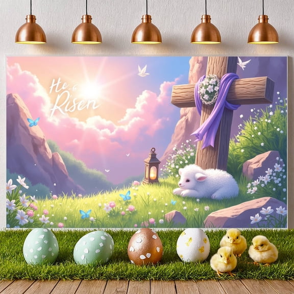 Cartoon  He is Risen Banner Lamb Motif Easter Religious Backdrop Purple Drape White Doves Faith-Based Background for Easter Sunday Service Church Celebration Religious Gathering