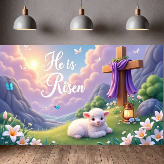 Cartoon He is Risen Banner Lamb Motif Easter Religious Backdrop Purple Drape White Doves Faith-Based Background for Easter Sunday Service Church Celebration Religious Gathering