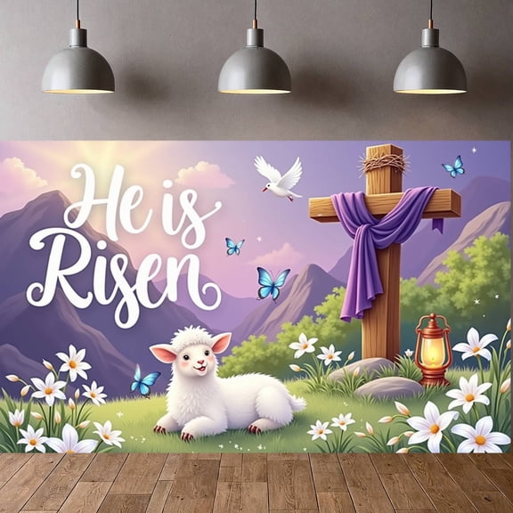 Cartoon He is Risen Banner Lamb Motif Easter Religious Backdrop Purple Drape White Doves Faith-Based Background for Easter Sunday Service Church Celebration Religious Gathering