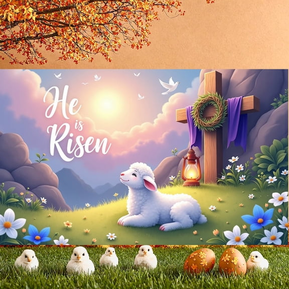 Cartoon He is Risen Banner Lamb Motif Easter Religious Backdrop Purple Drape White Doves Faith-Based Background for Easter Sunday Service Church Celebration Religious Gathering