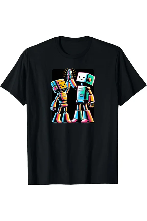 Cartoon Robot High-Five T-Shirt Unisex S-5XL Hot Trending Shirt, Vintage Birthday Gift