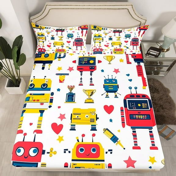 Cartoon Robot Fitted Sheet Twin Size,Intelligent Machine Mechanical Equipment Bedding Set, Room Decor,Cute Stars Love Heart Bed Cover,White Bed Sheet,1 Pillowcase(No Flat Sheet)