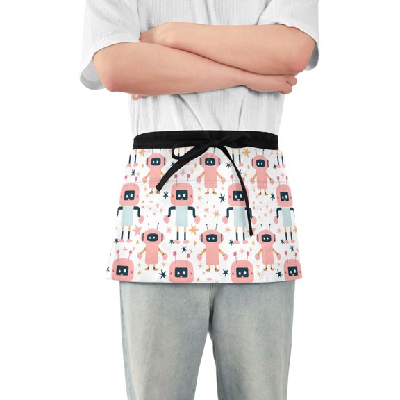 Cartoon Robot Server Apron with 3 Pockets Waterproof Waitress Waist Short Apron for Man Woman 12 Inches