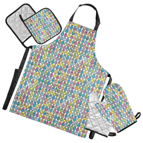 Cartoon Robots 5 Pcs Kitchen Set Heat Resistant Oven Mitts and Non-Slip Pot Holders with Adjustable Cooking Apron