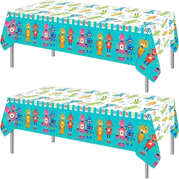 Cartoon Robots Tablecloth Robot Party Decorations, 2 Pieces Robots Plastic Table Covers for Robot Birthday Party Supplies