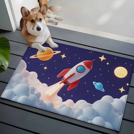 Cartoon Rocket 2x3 Area Rugs for Living Room, Cloud Space Stars Cute Planet Classic Non Slip Floor Mat Washable Low-Profile Indoor Carpet for Bedroom, Dining Room, Bathroom
