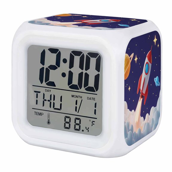 Cartoon Rocket Alarm Clock, Cloud Space Stars Cute Planet Classic Digital Clock Night Light with 7 Color, Calendar Temperature Display, LED Desk Small Clock for Bedrooms Bedside Living Room